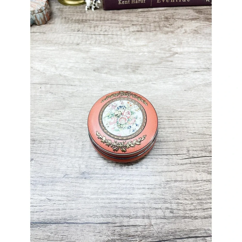 Vintage Pink Floral Tin, Gold Metal Storage Tin Made in England
